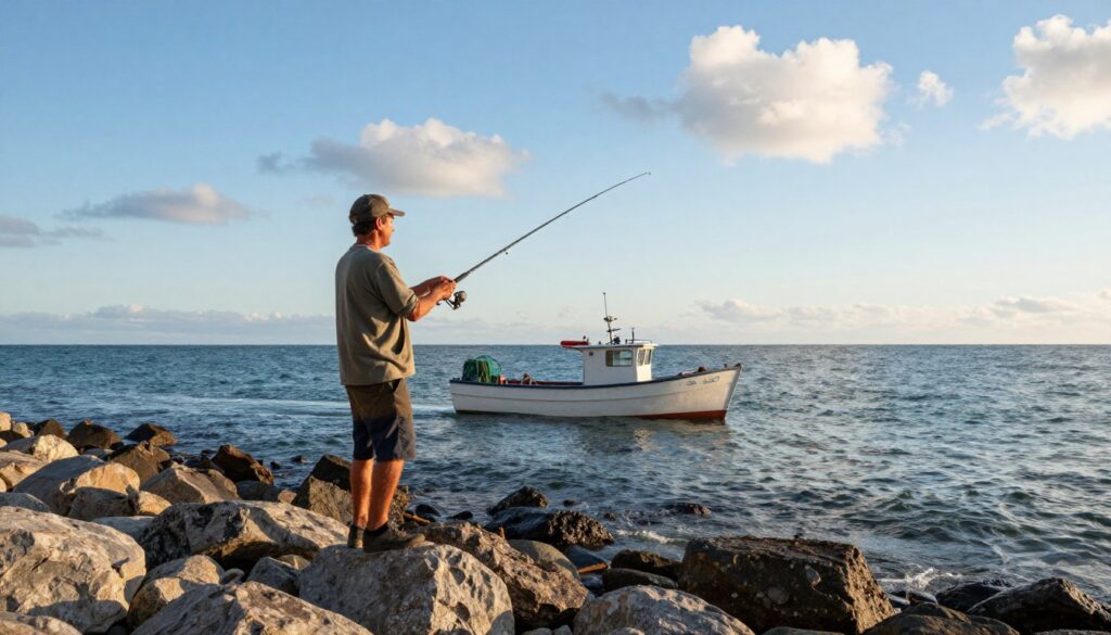 A serene coastal scene showcasing the practice of cod fishing. In the foreground, a fisherman in modest casual clothing stands on a rocky shore, casting a fishing line with a professional rod. The middle ground features a small fishing boat bobbing gently in the water, equipped with fishing gear and nets. The background reveals a picturesque seascape with gentle waves and a clear blue sky dotted with fluffy clouds, creating a peaceful atmosphere. Soft, warm lighting from a late afternoon sun enhances the colors, casting subtle shadows on the rocks and water. The overall mood is tranquil and focused, illustrating the dedication and techniques of cod fishing amidst nature.