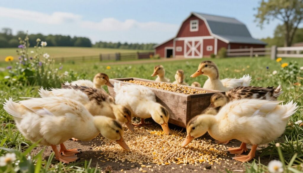 A serene farm scene focusing on the nutritional aspects of duck feeding. In the foreground, a group of healthy ducks of varying ages, from ducklings to adults, are foraging through a scattering of grains like corn and wheat. In the middle ground, a rustic wooden trough filled with a mixed grain diet is visible, surrounded by lush green grass and wildflowers. The background features a picturesque farm with a traditional barn and a clear blue sky. Soft, warm lighting illuminates the scene, creating an inviting and peaceful atmosphere. The angle is slightly elevated, giving a clear view of the ducks and their feeding behavior, showcasing their interaction with the feed. A serene farm scene focusing on the nutritional aspects of duck feeding. In the foreground, a group of healthy ducks of varying ages, from ducklings to adults, are foraging through a scattering of grains like corn and wheat. In the middle ground, a rustic wooden trough filled with a mixed grain diet is visible, surrounded by lush green grass and wildflowers. The background features a picturesque farm with a traditional barn and a clear blue sky. Soft, warm lighting illuminates the scene, creating an inviting and peaceful atmosphere. The angle is slightly elevated, giving a clear view of the ducks and their feeding behavior, showcasing their interaction with the feed.