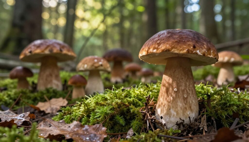 A serene forest scene featuring various mushrooms, including a prominent porcini mushroom (prawdziwek) in the foreground. The mushroom should be depicted with a rich brown cap and a thick, white stalk, surrounded by lush green moss and fallen leaves. In the middle ground, an array of other mushrooms species can be seen, showcasing different shapes and colors, adding depth to the image. The background consists of tall trees with dappled sunlight filtering through the leaves, creating a warm, inviting atmosphere. Soft, natural light enhances the colors and textures of the mushrooms, captured from a slightly low angle to emphasize their growth in the forest floor, conveying the essence of nature’s ecosystem and the factors that influence mushroom growth. A serene forest scene featuring various mushrooms, including a prominent porcini mushroom (prawdziwek) in the foreground. The mushroom should be depicted with a rich brown cap and a thick, white stalk, surrounded by lush green moss and fallen leaves. In the middle ground, an array of other mushrooms species can be seen, showcasing different shapes and colors, adding depth to the image. The background consists of tall trees with dappled sunlight filtering through the leaves, creating a warm, inviting atmosphere. Soft, natural light enhances the colors and textures of the mushrooms, captured from a slightly low angle to emphasize their growth in the forest floor, conveying the essence of nature’s ecosystem and the factors that influence mushroom growth.