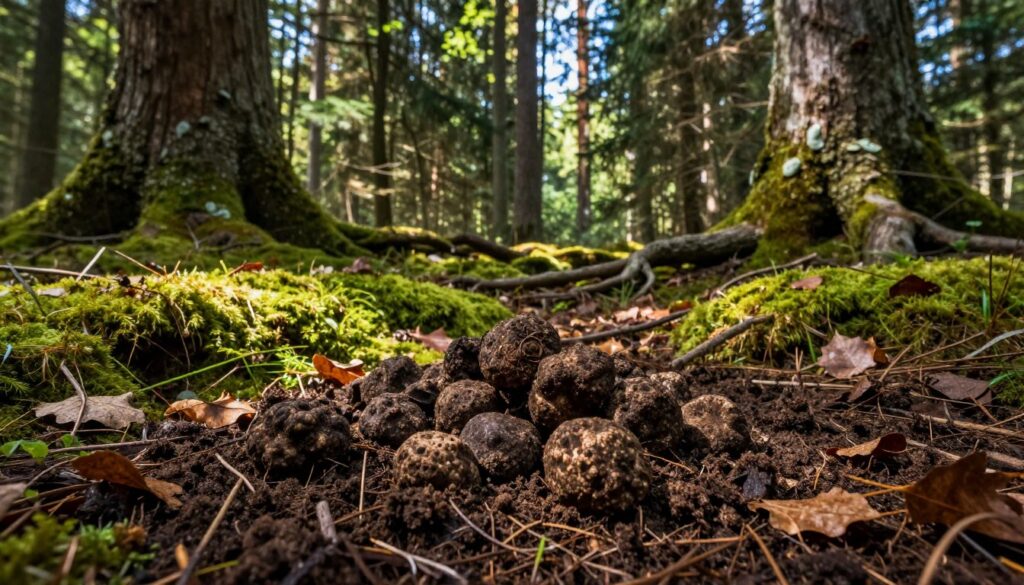 A serene forest scene in Poland, showcasing the rich, damp earth where truffles grow. In the foreground, a close-up view of freshly unearthed truffles amidst the dark, fertile soil, highlighted by soft sunlight filtering through the trees above. The middle ground features a lush carpet of green moss, scattered fallen leaves, and the gnarled roots of ancient trees, creating an inviting atmosphere that suggests the perfect conditions for truffle growth. In the background, a hazy glimpse of towering forest trees under a bright blue sky, enhancing the natural beauty and tranquility of the setting. The lighting is warm and inviting, capturing the essence of a peaceful, pristine woodland while reflecting the hidden treasure of truffles.