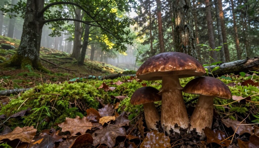 A serene forest scene in the early morning light, showcasing a lush green environment where borowiki mushrooms (king boletes) are emerging from the rich, damp earth. In the foreground, a few large, majestic borowiki mushrooms with their distinctive dark brown caps and thick stems are surrounded by fallen leaves and soft moss. The middle ground features diverse trees such as oaks and pines, their trunks slightly dappled with sunlight filtering through the canopy above. The background reveals a gentle slope leading deeper into the forest, with a mist settling between the trees, creating a mysterious and inviting atmosphere. The overall mood is tranquil and earthy, with an emphasis on the natural habitat that supports the growth of these prized mushrooms. Soft, diffused lighting enhances the colors and textures of the forest floor. A serene forest scene in the early morning light, showcasing a lush green environment where borowiki mushrooms (king boletes) are emerging from the rich, damp earth. In the foreground, a few large, majestic borowiki mushrooms with their distinctive dark brown caps and thick stems are surrounded by fallen leaves and soft moss. The middle ground features diverse trees such as oaks and pines, their trunks slightly dappled with sunlight filtering through the canopy above. The background reveals a gentle slope leading deeper into the forest, with a mist settling between the trees, creating a mysterious and inviting atmosphere. The overall mood is tranquil and earthy, with an emphasis on the natural habitat that supports the growth of these prized mushrooms. Soft, diffused lighting enhances the colors and textures of the forest floor.