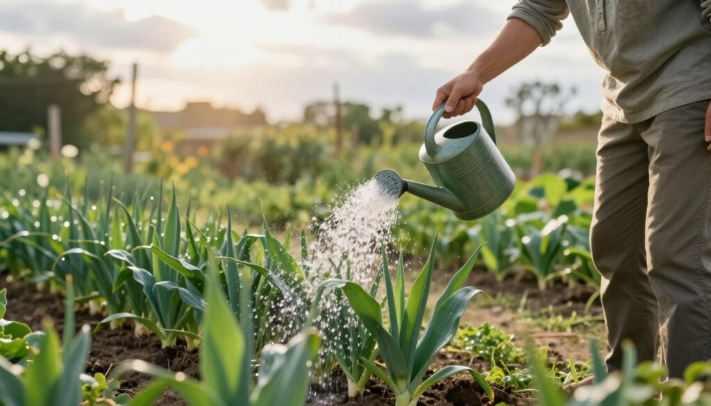 A serene garden scene demonstrating the best method for watering garlic plants. In the foreground, a focused gardener, dressed in modest casual clothing, is gently watering rows of lush green garlic with a watering can. The middle ground features a variety of healthy garlic plants, with vibrant green leaves glistening from the watering. In the background, there are soft, diffuse sunlight filtering through light clouds, casting a warm and inviting glow over the garden. The atmosphere conveys care and dedication, emphasizing the importance of proper watering techniques. The image should have a balanced composition, with a shallow depth of field that highlights the gardener and the garlic, while softly blurring the background to create a tranquil focus on the scene.
