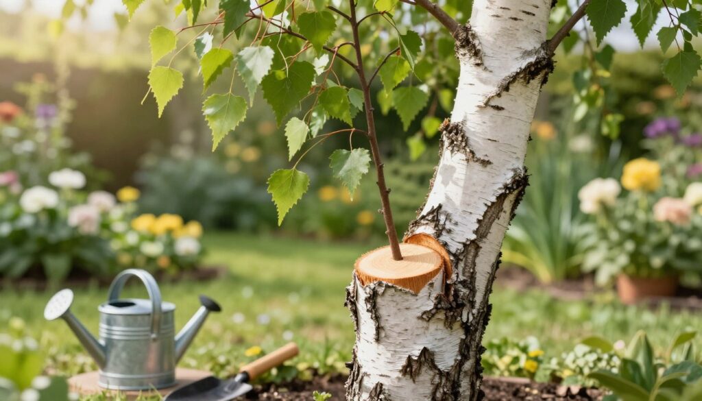 A serene garden scene depicting a freshly pruned birch tree, with clear signs of care after cutting. In the foreground, show a close-up of the tree trunk, where the bark has been cut, revealing a clean, smooth edge, highlighting the careful pruning process. The middle ground features green leaves of the birch, vibrant and healthy, symbolizing regeneration. Add a small watering can and gardening tools, indicating ongoing maintenance. In the background, a lush garden with blooming flowers and soft sunlight filtering through the foliage creates a warm atmosphere. The composition captures the essence of nurturing and rejuvenation, evoking a sense of calm and order in nature. A serene garden scene depicting a freshly pruned birch tree, with clear signs of care after cutting. In the foreground, show a close-up of the tree trunk, where the bark has been cut, revealing a clean, smooth edge, highlighting the careful pruning process. The middle ground features green leaves of the birch, vibrant and healthy, symbolizing regeneration. Add a small watering can and gardening tools, indicating ongoing maintenance. In the background, a lush garden with blooming flowers and soft sunlight filtering through the foliage creates a warm atmosphere. The composition captures the essence of nurturing and rejuvenation, evoking a sense of calm and order in nature.