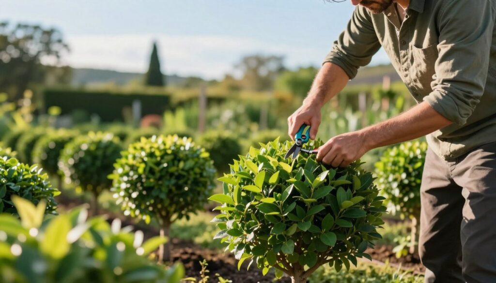 A serene garden scene depicting a skilled gardener carefully pruning a spherical ball-shaped clone (kulisty klon) plant, showcasing precise cuts to encourage a dense and even crown. In the foreground, vibrant green leaves shimmer in soft sunlight, while the gardener, dressed in modest casual clothing, leans over the plant with a pair of pruning shears, focused and attentive. The middle ground features neatly arranged rows of similarly pruned ball-shaped plants, creating an organized appearance. In the background, a peaceful landscape unfolds, with lush greenery and a clear blue sky, enhancing the atmosphere of a tranquil gardening day. The lighting is warm and inviting, casting gentle shadows that accentuate the details of the scene, with a shallow depth of field to keep the focus on the gardener and the plant. A serene garden scene depicting a skilled gardener carefully pruning a spherical ball-shaped clone (kulisty klon) plant, showcasing precise cuts to encourage a dense and even crown. In the foreground, vibrant green leaves shimmer in soft sunlight, while the gardener, dressed in modest casual clothing, leans over the plant with a pair of pruning shears, focused and attentive. The middle ground features neatly arranged rows of similarly pruned ball-shaped plants, creating an organized appearance. In the background, a peaceful landscape unfolds, with lush greenery and a clear blue sky, enhancing the atmosphere of a tranquil gardening day. The lighting is warm and inviting, casting gentle shadows that accentuate the details of the scene, with a shallow depth of field to keep the focus on the gardener and the plant.