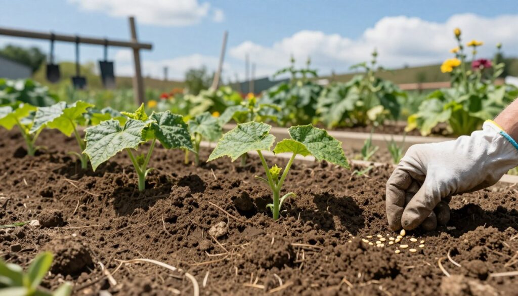 A serene garden scene depicting cucumber sowing directly into fertile soil. In the foreground, freshly turned brown earth with neatly spaced rows, small seeds being scattered by a gloved hand. The middle ground features young green cucumber plants just breaking through the soil's surface, showcasing their vibrant leaves. Rich sunlight bathes the scene, casting soft shadows. In the background, a clear blue sky with gentle clouds, garden tools hanging on a rustic wooden fence, and a hint of blooming flowers. The atmosphere is peaceful and inviting, reflecting the nurturing process of sowing seeds for healthy growth. The image captures the essence of direct sowing in a vegetable garden without any text or distractions. A serene garden scene depicting cucumber sowing directly into fertile soil. In the foreground, freshly turned brown earth with neatly spaced rows, small seeds being scattered by a gloved hand. The middle ground features young green cucumber plants just breaking through the soil's surface, showcasing their vibrant leaves. Rich sunlight bathes the scene, casting soft shadows. In the background, a clear blue sky with gentle clouds, garden tools hanging on a rustic wooden fence, and a hint of blooming flowers. The atmosphere is peaceful and inviting, reflecting the nurturing process of sowing seeds for healthy growth. The image captures the essence of direct sowing in a vegetable garden without any text or distractions.