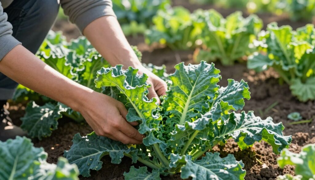 A serene garden scene depicting the technique of harvesting kale leaves without harming the plant. In the foreground, a person wearing modest casual clothing gently plucking vibrant green kale leaves, showcasing careful hand movements. The middle ground features lush kale plants thriving, with some leaves partially harvested, emphasizing proper harvesting techniques. Sunlight filters through the leaves, creating dappled light effects on the ground. In the background, a soft-focus view of the garden with rich soil and other leafy vegetables, suggesting a healthy ecosystem. The atmosphere conveys a sense of care and sustainability, with warm, natural lighting enhancing the freshness of the scene. The image captures the essence of responsible harvesting methods in a vibrant, natural setting. A serene garden scene depicting the technique of harvesting kale leaves without harming the plant. In the foreground, a person wearing modest casual clothing gently plucking vibrant green kale leaves, showcasing careful hand movements. The middle ground features lush kale plants thriving, with some leaves partially harvested, emphasizing proper harvesting techniques. Sunlight filters through the leaves, creating dappled light effects on the ground. In the background, a soft-focus view of the garden with rich soil and other leafy vegetables, suggesting a healthy ecosystem. The atmosphere conveys a sense of care and sustainability, with warm, natural lighting enhancing the freshness of the scene. The image captures the essence of responsible harvesting methods in a vibrant, natural setting.