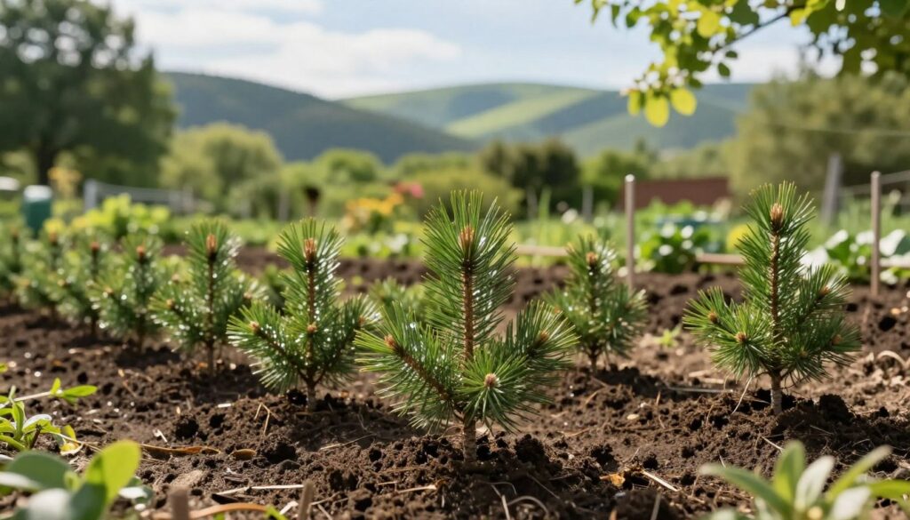 A serene garden scene depicting young spruce saplings ("sadzonki") ready for planting in a perfect row. In the foreground, freshly planted saplings with delicate green needles and healthy soil around their base, evoking a sense of new beginnings. In the middle ground, a neatly organized garden area with stakes marking planting distances, surrounded by rich, dark soil. The background features a landscape of lush green hills under a soft blue sky, with dappled sunlight filtering through the leaves of nearby trees, creating a warm and inviting atmosphere. The image is taken at eye level with a shallow depth of field, focusing on the saplings while gently blurring the background for a peaceful, harmonious feeling. A serene garden scene depicting young spruce saplings ("sadzonki") ready for planting in a perfect row. In the foreground, freshly planted saplings with delicate green needles and healthy soil around their base, evoking a sense of new beginnings. In the middle ground, a neatly organized garden area with stakes marking planting distances, surrounded by rich, dark soil. The background features a landscape of lush green hills under a soft blue sky, with dappled sunlight filtering through the leaves of nearby trees, creating a warm and inviting atmosphere. The image is taken at eye level with a shallow depth of field, focusing on the saplings while gently blurring the background for a peaceful, harmonious feeling.