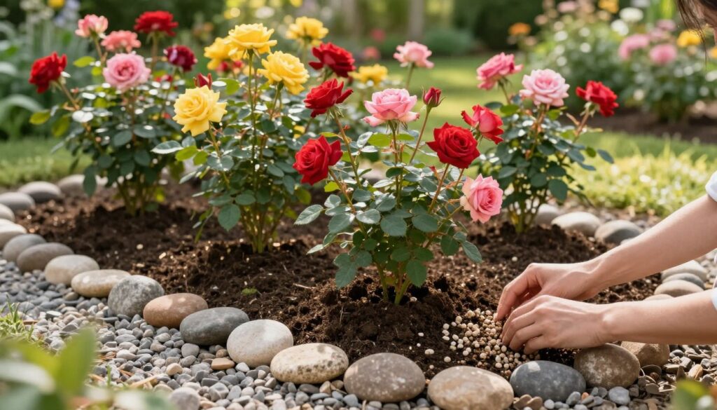 A serene garden scene featuring a well-prepared flower bed for roses, showcasing the process of laying down gravel or stones around the base of lush, vibrant rose bushes. In the foreground, delicate hands carefully spread a mixture of soil and small pebbles around the roots of roses, emphasizing the nurturing aspect of gardening. In the middle ground, the rose bushes flourish with various shades of red, pink, and yellow blooms, while a neat border of smooth, rounded stones frames the bed. The background reveals a softly blurred garden with gentle greenery under warm, dappled sunlight, creating a tranquil, inviting atmosphere. Capture this scene from a slightly elevated angle, with a soft focus to accentuate the texture of the soil and stones, evoking a sense of calm and care in garden preparation. A serene garden scene featuring a well-prepared flower bed for roses, showcasing the process of laying down gravel or stones around the base of lush, vibrant rose bushes. In the foreground, delicate hands carefully spread a mixture of soil and small pebbles around the roots of roses, emphasizing the nurturing aspect of gardening. In the middle ground, the rose bushes flourish with various shades of red, pink, and yellow blooms, while a neat border of smooth, rounded stones frames the bed. The background reveals a softly blurred garden with gentle greenery under warm, dappled sunlight, creating a tranquil, inviting atmosphere. Capture this scene from a slightly elevated angle, with a soft focus to accentuate the texture of the soil and stones, evoking a sense of calm and care in garden preparation.
