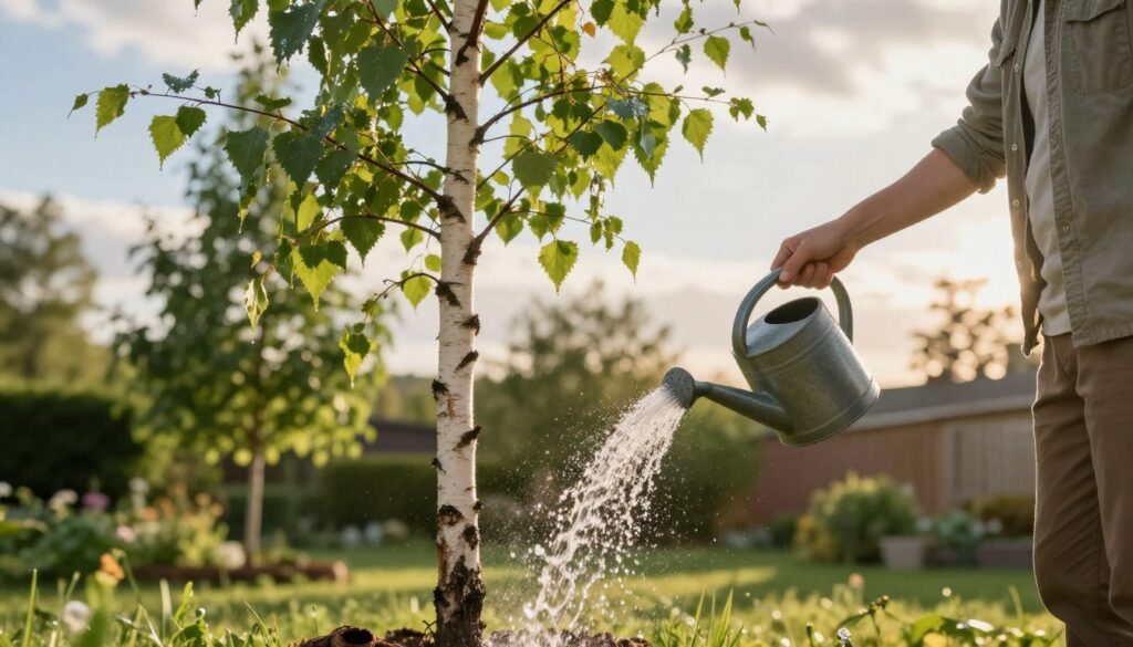 A serene garden scene featuring a young birch tree being watered. In the foreground, a person in modest casual clothing gently waters the base of the tree with a watering can, showing care and attention. The middle ground includes the flourishing green leaves of the birch, shimmering with morning dew. In the background, a sunny sky with soft clouds and a few other trees can be seen, creating a peaceful atmosphere. The light is warm and golden, suggesting early morning or late afternoon. The focus is sharp on the birch tree and the person, with a slight blurriness in the background for depth. The overall mood conveys nurture and growth, ideal for highlighting tree care practices. A serene garden scene featuring a young birch tree being watered. In the foreground, a person in modest casual clothing gently waters the base of the tree with a watering can, showing care and attention. The middle ground includes the flourishing green leaves of the birch, shimmering with morning dew. In the background, a sunny sky with soft clouds and a few other trees can be seen, creating a peaceful atmosphere. The light is warm and golden, suggesting early morning or late afternoon. The focus is sharp on the birch tree and the person, with a slight blurriness in the background for depth. The overall mood conveys nurture and growth, ideal for highlighting tree care practices.