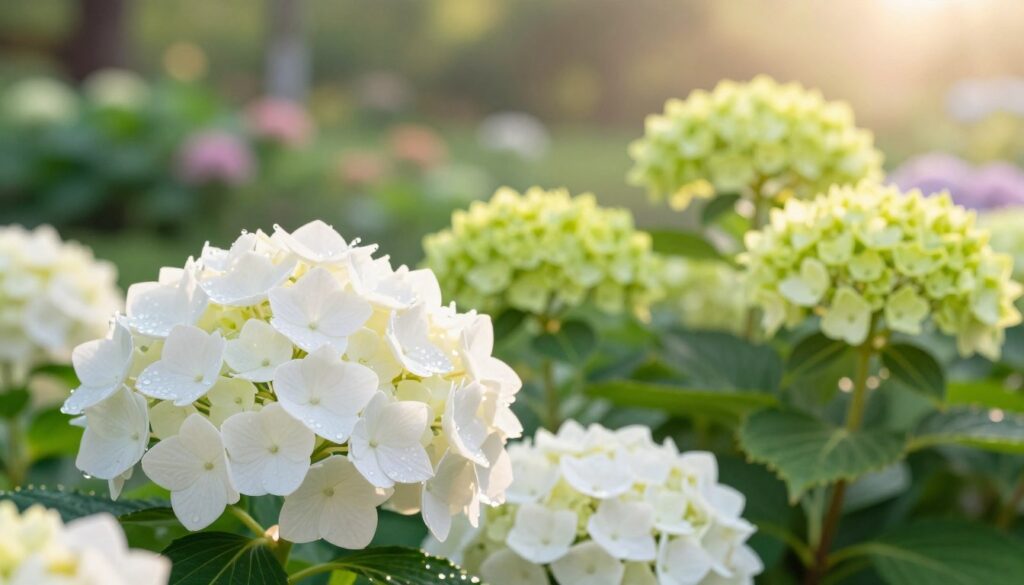 A serene garden scene featuring two varieties of hydrangeas in full bloom: the striking white "Polar Bear" and the vibrant greenish-yellow "Limelight." In the foreground, showcase close-up clusters of pristine white flowers with delicate petals, glistening dew drops reflecting the morning sun. In contrast, the lively, chartreuse blossoms of the Limelight hydrangeas are evident, capturing their unique hue. The middle ground should blend both varieties, enhancing the visual harmony between their colors. The background features a soft-focus garden landscape, with hints of greenery and subtle pastel colors to evoke a peaceful atmosphere. The lighting is warm and inviting, reminiscent of a late summer morning, with sun rays filtering gently through the foliage, creating a soft glow on the flowers. The overall mood is tranquil and inviting, perfect for a garden enthusiast's article.