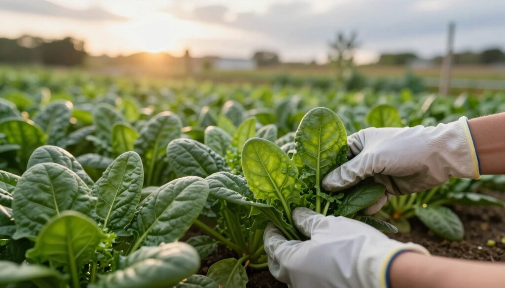 A serene garden scene focused on the delicate technique of leaf harvesting in a lush spinach field. In the foreground, a pair of gloved hands gently picking tender spinach leaves, showcasing the careful method of harvesting without damaging the plant. The middle ground features vibrant green spinach plants, with some leaves already harvested, emphasizing the growth and vitality of the remaining foliage. In the background, soft sunlight filters through a cloudy sky, casting a warm glow on the garden, enhancing the atmosphere of tranquility and care. The angle is slightly elevated, capturing the intimacy of the harvesting process while highlighting the lushness of the spinach plants. The overall mood is peaceful and focused, celebrating the art of cultivating healthy plants.