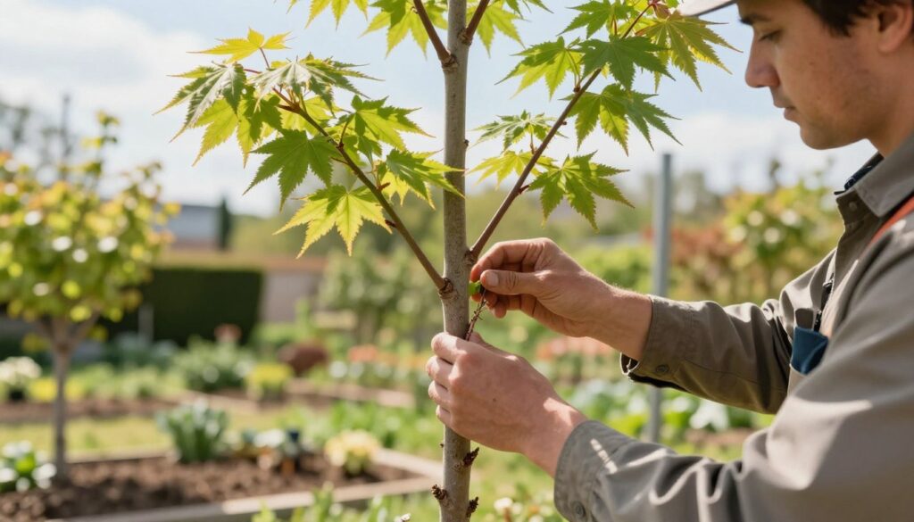 A serene garden scene focused on the moment of grafting a young maple tree, emphasizing the process of creating a decorative tree. In the foreground, a skilled gardener, dressed in a professional gardening outfit, gently prepares a small branch of the maple tree to be grafted onto a sturdy trunk. The middle ground features a vibrant maple tree with fresh green leaves, symbolizing growth and vitality. In the background, a bright, sunny sky bathes the scene in warm, natural light, casting gentle shadows and enhancing the colors of the garden. The atmosphere evokes a sense of tranquility and anticipation, perfect for illustrating the timing and conditions for successful grafting. The composition should be well-balanced, with a close-up view that captures both the intricate details of the grafting technique and the beauty of the surrounding garden. A serene garden scene focused on the moment of grafting a young maple tree, emphasizing the process of creating a decorative tree. In the foreground, a skilled gardener, dressed in a professional gardening outfit, gently prepares a small branch of the maple tree to be grafted onto a sturdy trunk. The middle ground features a vibrant maple tree with fresh green leaves, symbolizing growth and vitality. In the background, a bright, sunny sky bathes the scene in warm, natural light, casting gentle shadows and enhancing the colors of the garden. The atmosphere evokes a sense of tranquility and anticipation, perfect for illustrating the timing and conditions for successful grafting. The composition should be well-balanced, with a close-up view that captures both the intricate details of the grafting technique and the beauty of the surrounding garden.