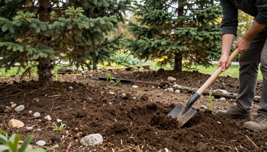 A serene garden scene focused on the preparation of soil beneath conifer trees, highlighting the various stages of soil conditioning. In the foreground, a gardener in modest casual clothing gently turns the soil with a spade, showcasing earthy tones and textures. The middle ground features a mix of rich, dark soil with small rocks and organic matter, illustrating the nurturing environment for shadow-loving plants. In the background, towering evergreen trees cast dappled light, creating a calm, shaded atmosphere. Soft, diffused sunlight filters through the branches, enhancing the earthy colors. The overall mood is tranquil and focused, embodying the essence of a well-tended garden, ready for planting. A serene garden scene focused on the preparation of soil beneath conifer trees, highlighting the various stages of soil conditioning. In the foreground, a gardener in modest casual clothing gently turns the soil with a spade, showcasing earthy tones and textures. The middle ground features a mix of rich, dark soil with small rocks and organic matter, illustrating the nurturing environment for shadow-loving plants. In the background, towering evergreen trees cast dappled light, creating a calm, shaded atmosphere. Soft, diffused sunlight filters through the branches, enhancing the earthy colors. The overall mood is tranquil and focused, embodying the essence of a well-tended garden, ready for planting.
