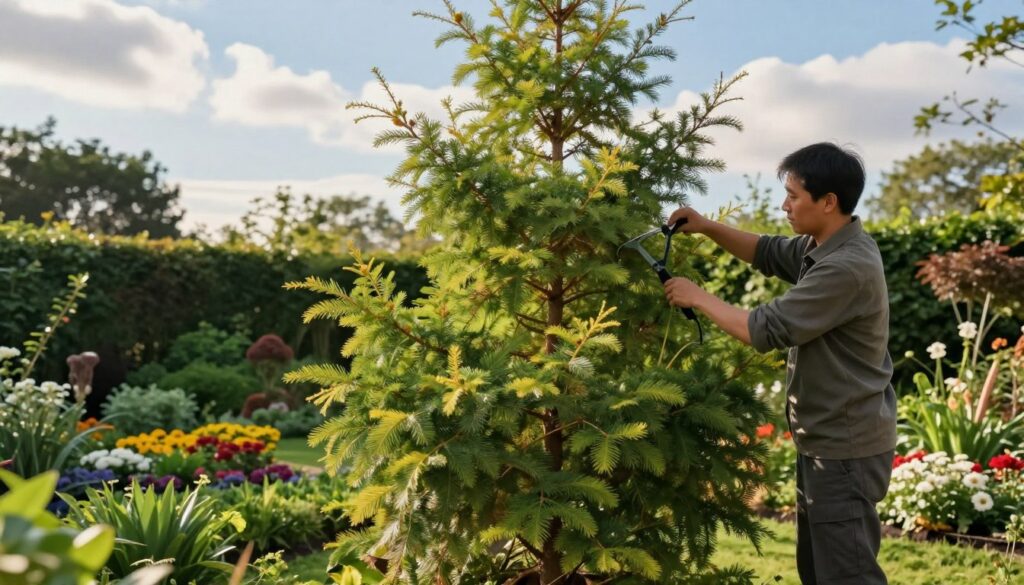 A serene garden scene focusing on a larch tree undergoing seasonal care. In the foreground, a dedicated gardener in modest casual clothing gently prunes the soft, needle-like leaves of the larch, surrounded by lush greenery. The gardener is depicted engaged in the meticulous act of nurturing the tree, highlighting the importance of care in helping it transition through its natural shedding cycle. In the middle ground, vibrant flowers bloom and ornamental plants create a harmonious backdrop. The background showcases a clear blue sky, dappled with soft clouds, filtering warm sunlight that bathes the scene in a gentle glow. The image conveys a peaceful, nurturing atmosphere, emphasizing the relationship between the gardener and the larch tree, symbolizing care and growth in a garden setting.