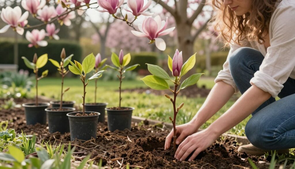 A serene garden scene focusing on the process of planting magnolias. In the foreground, a well-tended garden bed is depicted with a person in modest casual clothing kneeling to plant a young magnolia sapling. Their hands are gently digging into the soil, with vibrant green leaves surrounding them. In the middle ground, several more magnolia saplings in pots are arranged neatly, showcasing different varieties. The background features a lush garden filled with blooming magnolia trees, their large pink and white flowers adding color and texture to the scene. The lighting is soft and warm, suggesting a late afternoon sun, casting gentle shadows. The overall mood is tranquil and nurturing, evoking a sense of care and attention to nature.