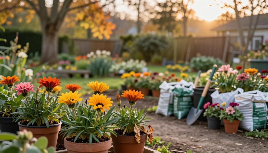 A serene garden scene in late autumn featuring a variety of gazania flowers in vibrant colors like orange, yellow, and pink. In the foreground, pots with gazania plants, some still blooming, while others show signs of preparation for winter storage, such as drying leaves and protective covers. The middle ground includes neatly arranged garden tools and soil bags, ready for the upcoming planting season. The background showcases a soft-focus view of a tranquil garden, with trees shedding their leaves under a warm, golden afternoon sunlight. The atmosphere is calm and encouraging, evoking a sense of readiness and anticipation for the next flowering season. The image should be captured with a shallow depth of field, enhancing the focus on the gazanias while softly blurring the background. A serene garden scene in late autumn featuring a variety of gazania flowers in vibrant colors like orange, yellow, and pink. In the foreground, pots with gazania plants, some still blooming, while others show signs of preparation for winter storage, such as drying leaves and protective covers. The middle ground includes neatly arranged garden tools and soil bags, ready for the upcoming planting season. The background showcases a soft-focus view of a tranquil garden, with trees shedding their leaves under a warm, golden afternoon sunlight. The atmosphere is calm and encouraging, evoking a sense of readiness and anticipation for the next flowering season. The image should be captured with a shallow depth of field, enhancing the focus on the gazanias while softly blurring the background.