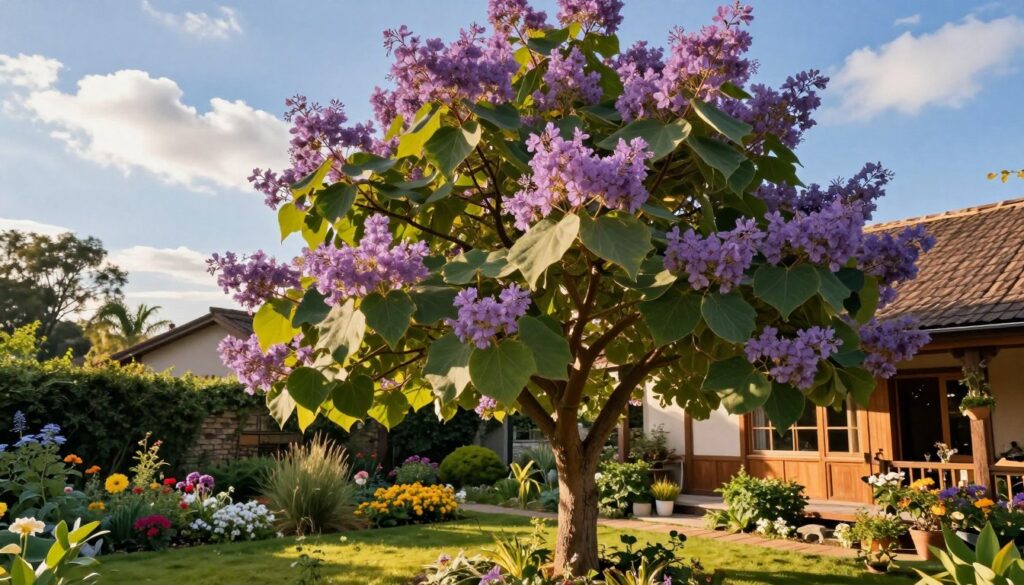 A serene garden scene showcasing a Paulownia tomentosa tree, also known as the fluffy paulownia, standing majestically in the foreground. The tree is adorned with large, heart-shaped leaves and clusters of gorgeous purple flowers, bathed in warm, golden sunlight. In the middle ground, a well-tended garden bed with colorful blooming flowers and green shrubs complements the beauty of the tree. The background features a cozy house with rustic wooden accents, framed by a clear blue sky dotted with fluffy white clouds. The image captures a tranquil atmosphere, emphasizing the peaceful coexistence of the tree with the home environment. The sunlight casts soft shadows, enhancing the details of the leaves and flowers, inviting the viewer into this idyllic garden setting. A serene garden scene showcasing a Paulownia tomentosa tree, also known as the fluffy paulownia, standing majestically in the foreground. The tree is adorned with large, heart-shaped leaves and clusters of gorgeous purple flowers, bathed in warm, golden sunlight. In the middle ground, a well-tended garden bed with colorful blooming flowers and green shrubs complements the beauty of the tree. The background features a cozy house with rustic wooden accents, framed by a clear blue sky dotted with fluffy white clouds. The image captures a tranquil atmosphere, emphasizing the peaceful coexistence of the tree with the home environment. The sunlight casts soft shadows, enhancing the details of the leaves and flowers, inviting the viewer into this idyllic garden setting.