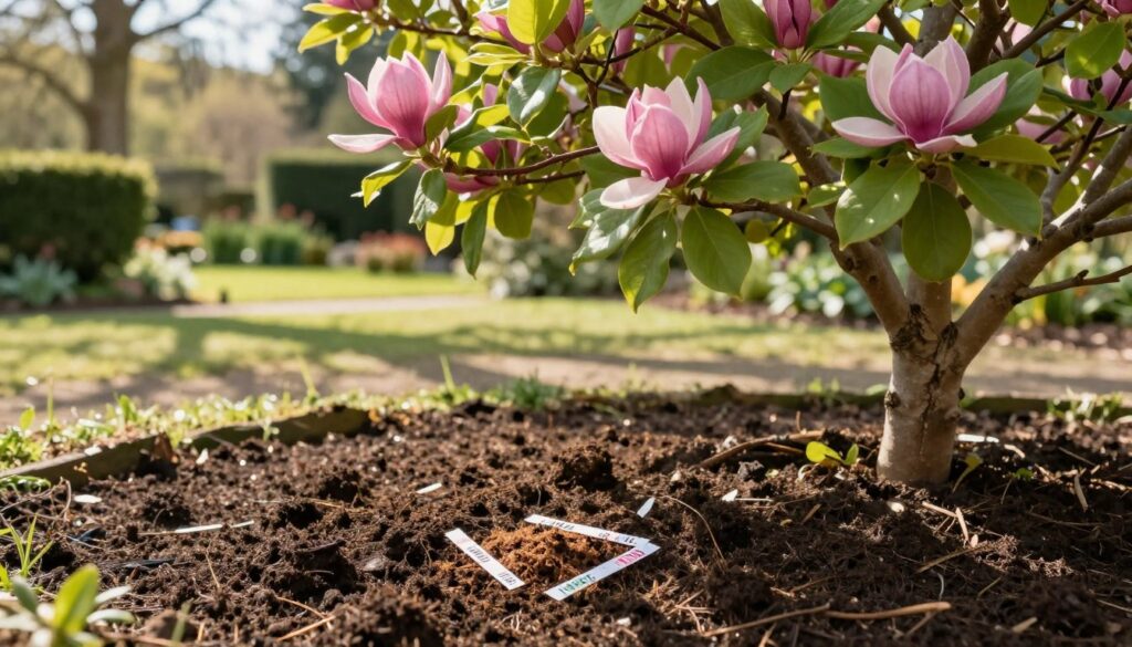 A serene garden scene showcasing a healthy magnolia tree in the foreground, adorned with lush, green leaves and vibrant pink flowers, symbolizing its vitality. The middle ground features a close-up view of rich, dark soil, with visible pH test strips and organic matter, illustrating the ideal soil conditions for magnolias. In the background, a soft-focus landscape captures a tranquil garden setting with subtle sunlight filtering through trees, creating dappled shadows on the ground. The atmosphere is calm and inviting, evoking a sense of growth and health. The lighting is warm and natural, highlighting the textures of the soil and the beauty of the magnolia tree, while maintaining a professional, botanical documentary style.