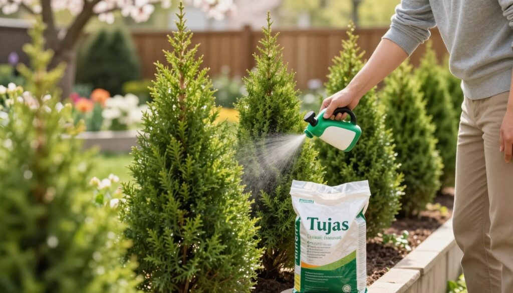 A serene garden scene showcasing a person in modest casual clothing carefully applying fertilizer to a row of lush green 'Tujas' (Arborvitae trees). In the foreground, a clear bag of organic fertilizer is prominently displayed, emphasizing its texture and branding. The middle ground features the vibrant, well-kept tuja plants, their deep green foliage glistening in the warm spring sunlight. In the background, a softly blurred landscape of blooming flowers and a wooden fence suggests a tranquil garden environment. The lighting is bright yet soft, creating a welcoming atmosphere. The image captures the essence of a homeowner nurturing their plants with care, showcasing the detailed process of fertilizing in a visually appealing manner. A serene garden scene showcasing a person in modest casual clothing carefully applying fertilizer to a row of lush green 'Tujas' (Arborvitae trees). In the foreground, a clear bag of organic fertilizer is prominently displayed, emphasizing its texture and branding. The middle ground features the vibrant, well-kept tuja plants, their deep green foliage glistening in the warm spring sunlight. In the background, a softly blurred landscape of blooming flowers and a wooden fence suggests a tranquil garden environment. The lighting is bright yet soft, creating a welcoming atmosphere. The image captures the essence of a homeowner nurturing their plants with care, showcasing the detailed process of fertilizing in a visually appealing manner.