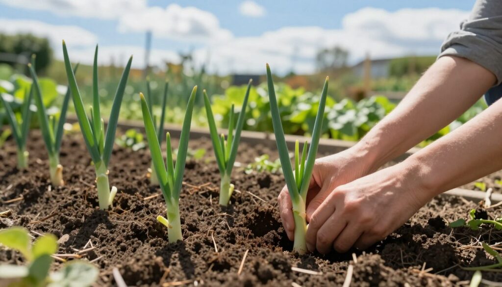 A serene garden scene showcasing leeks being planted in rich, dark soil. In the foreground, a pair of hands gently placing young leek seedlings into neatly spaced rows, demonstrating the proper planting technique. The middle ground features a well-maintained vegetable garden with vibrant green leek plants, some just emerging from the earth, while others show healthy growth. In the background, a soft-focus view of a sunny blue sky with fluffy white clouds creates a warm, inviting atmosphere. The lighting is bright and natural, casting soft shadows on the ground to enhance the details of the soil and plants. The overall mood is calm and nurturing, emphasizing the care and attention needed for successful planting.
