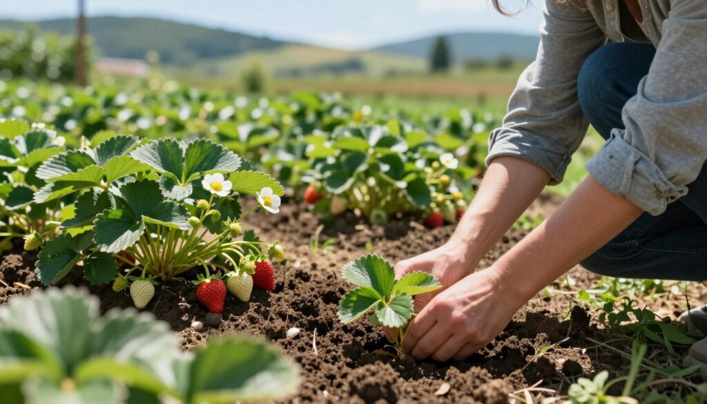 A serene garden scene showcasing the planting of strawberry plants, known as "poziomki." In the foreground, a gardener dressed in modest casual clothing kneels, gently placing vibrant green strawberry seedlings into rich, dark soil. The middle ground features rows of healthy strawberry plants with delicate white flowers and ripening fruit, suggesting a bountiful harvest. Sunlight filters through the leaves, casting dappled shadows that enhance the lush greenery. In the background, a blurred landscape of gently rolling hills and a clear blue sky evokes a calm, peaceful atmosphere. The image captures a moment of nurturing growth, emphasizing the joy of planting and caring for strawberries to ensure they thrive and produce sweet fruit.