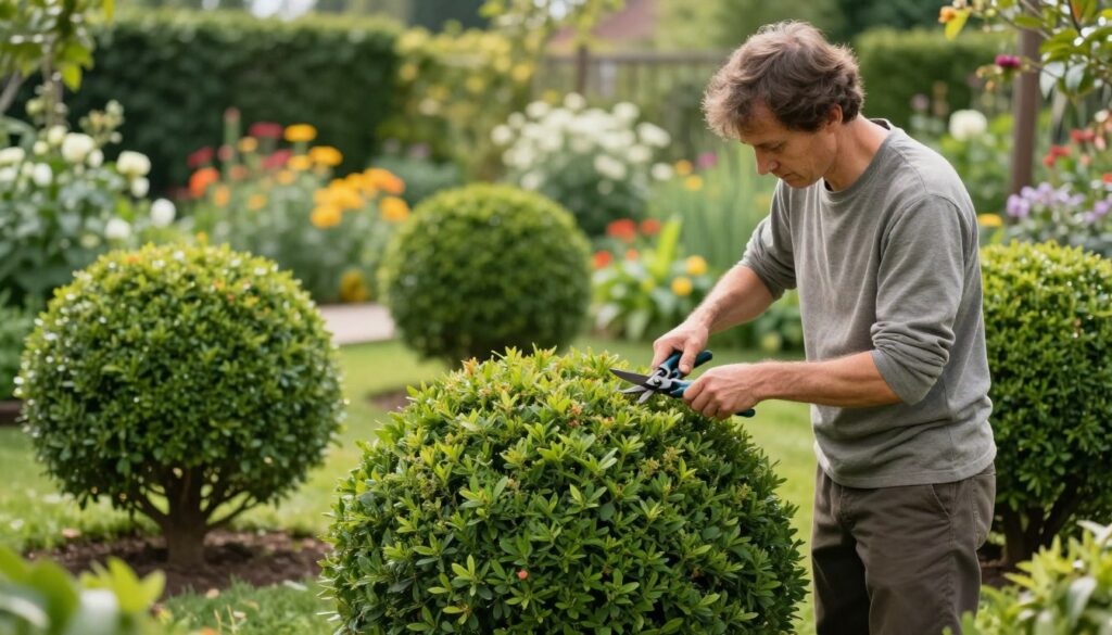 A serene garden scene showcasing the process of "cięcie formujące" on spherical shrubs, featuring a knowledgeable gardener in modest casual attire. In the foreground, the gardener is carefully pruning a perfectly shaped shrub with sharp shears, focusing on creating symmetry and density in the crown. The middle ground includes several equally trimmed shrubs, demonstrating the desired uniformity and balance in their shapes. In the background, a lush garden landscape with vibrant flowers and flourishing greenery sets a tranquil atmosphere. Soft, natural lighting illuminates the scene, casting gentle shadows, and the perspective is slightly low to emphasize the meticulous detail in the pruning process. Overall, the image conveys a sense of harmony and professionalism, embodying the essence of effective shaping techniques. A serene garden scene showcasing the process of "cięcie formujące" on spherical shrubs, featuring a knowledgeable gardener in modest casual attire. In the foreground, the gardener is carefully pruning a perfectly shaped shrub with sharp shears, focusing on creating symmetry and density in the crown. The middle ground includes several equally trimmed shrubs, demonstrating the desired uniformity and balance in their shapes. In the background, a lush garden landscape with vibrant flowers and flourishing greenery sets a tranquil atmosphere. Soft, natural lighting illuminates the scene, casting gentle shadows, and the perspective is slightly low to emphasize the meticulous detail in the pruning process. Overall, the image conveys a sense of harmony and professionalism, embodying the essence of effective shaping techniques.