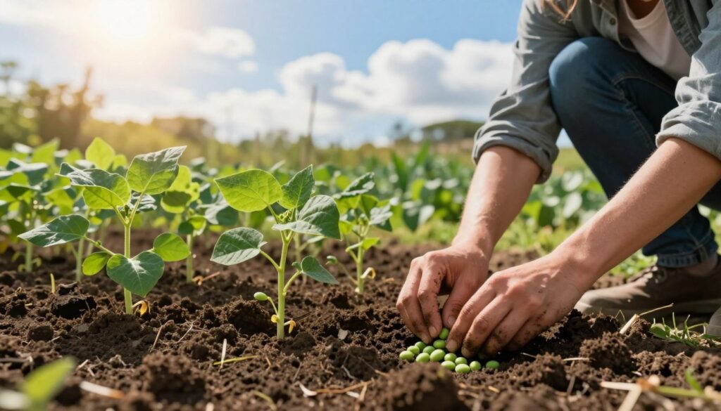 A serene garden scene showcasing the process of planting green beans. In the foreground, a gardener dressed in modest casual clothing kneels in rich, dark soil, gently placing green bean seeds into freshly dug rows. Their hands are covered in dirt, symbolizing the connection with nature. In the middle ground, lush, healthy green plants sprout, illustrating the early growth stages of green bean shoots pushing through the soil. The background features a bright blue sky with soft, fluffy clouds and a sun casting warm, golden light onto the scene, creating a vibrant and inviting atmosphere. The entire composition conveys a sense of nurturing and care in gardening, focusing on the journey from sowing to the first sprouts.