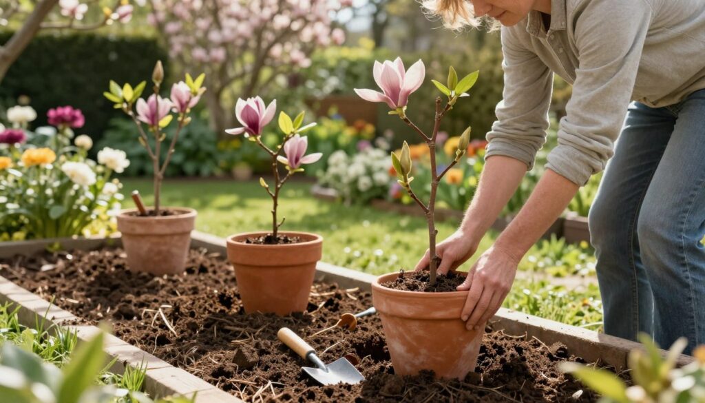 A serene garden scene showcasing the step-by-step process of planting magnolia trees in pots. In the foreground, a gardener, dressed in modest casual clothing, carefully positions a young magnolia tree in a decorative terracotta pot, surrounded by rich, dark soil and small gardening tools. The middle ground features colorful flowering magnolias in various stages of growth, while a charming garden backdrop includes lush greenery and blooming flowers under soft, natural sunlight. The scene is captured at a slight angle to highlight the planting process, evoking a peaceful and nurturing atmosphere. Gentle sunlight filters through the leaves, casting dappled shadows on the ground, creating a warm and inviting mood.