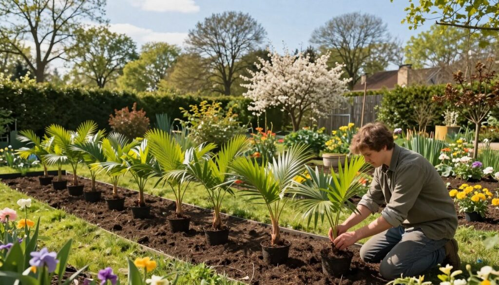 A serene garden setting in Poland during the optimal season for propagating palm clones, showing the lush greenery and vibrant spring flowers. In the foreground, a gardener in modest casual clothing carefully tending to young palm clones in pots, demonstrating the propagation process. The middle ground features well-organized rows of healthy palm plants, thriving in the rich, dark soil. In the background, a mix of deciduous trees and blooming shrubs under a clear blue sky, with soft, warm sunlight gently illuminating the scene, casting delicate shadows. The atmosphere conveys a sense of tranquility and growth, ideal for nurturing young plants. The photo is taken from a slightly elevated angle to capture the depth of the garden. A serene garden setting in Poland during the optimal season for propagating palm clones, showing the lush greenery and vibrant spring flowers. In the foreground, a gardener in modest casual clothing carefully tending to young palm clones in pots, demonstrating the propagation process. The middle ground features well-organized rows of healthy palm plants, thriving in the rich, dark soil. In the background, a mix of deciduous trees and blooming shrubs under a clear blue sky, with soft, warm sunlight gently illuminating the scene, casting delicate shadows. The atmosphere conveys a sense of tranquility and growth, ideal for nurturing young plants. The photo is taken from a slightly elevated angle to capture the depth of the garden.