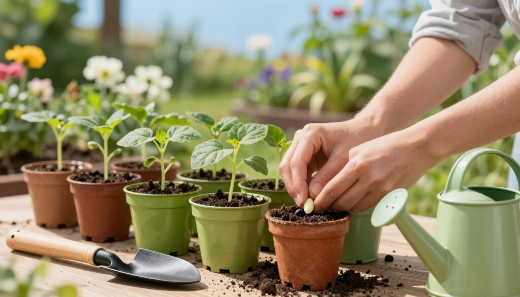 A serene gardening scene focused on a gardener planting cucumber seeds in small, vibrant pots, showcasing healthy soil and sprouting plants. In the foreground, a pair of hands carefully placing cucumber seeds into soil-rich pots, surrounded by gardening tools like a small trowel and watering can. The middle ground features several neatly arranged pots filled with young cucumber seedlings, their green leaves reaching towards the sunlight. In the background, a lush garden with blooming flowers and greenery reflects a sunny day, with a clear blue sky creating a cheerful atmosphere. Soft, natural lighting enhances the freshness of the scene, while a shallow depth of field emphasizes the foreground action. The overall mood is encouraging and nurturing, ideal for illustrating the importance of proper planting time and weather adjustments.