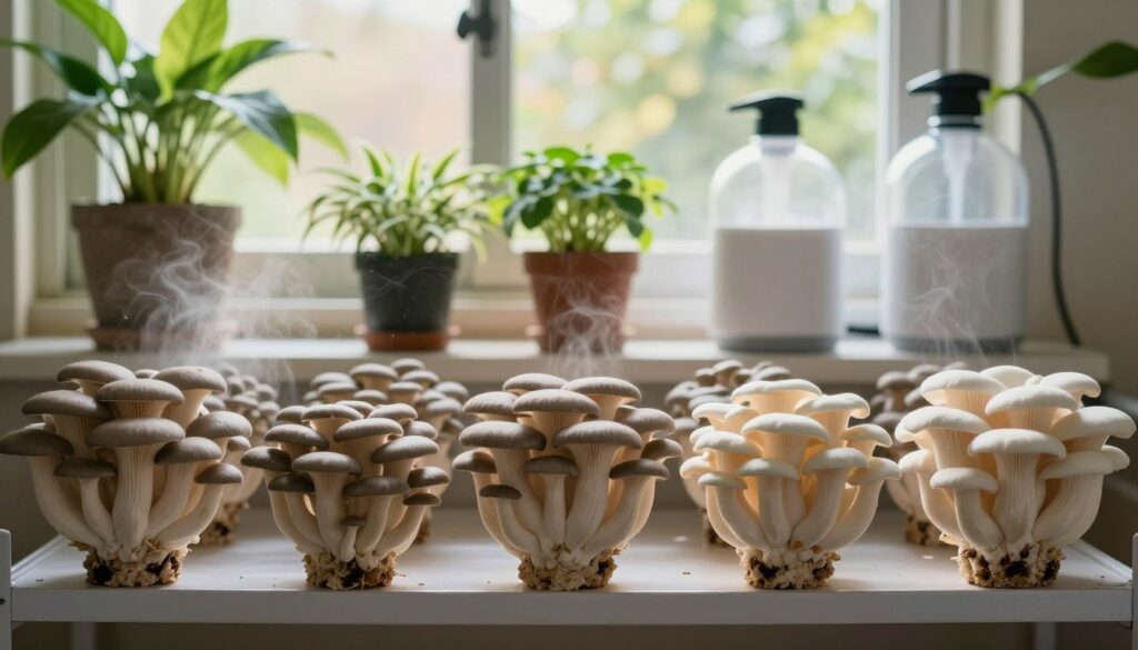 A serene indoor environment illustrating optimal conditions for growing oyster mushrooms. In the foreground, a well-organized shelf with various stages of oyster mushrooms, showcasing their rich textures and colors. The middle ground features humidifiers and small potted plants that add to the warm, moist atmosphere. The background shows a window allowing soft, diffused sunlight to filter in, creating a welcoming, vibrant setting. The lighting is bright yet soft, emphasizing the vivid greens of the plants and the creamy whites of the mushrooms. The overall mood is nourishing and inviting, reflecting the growth potential and care needed for successful mushroom cultivation indoors. A serene indoor environment illustrating optimal conditions for growing oyster mushrooms. In the foreground, a well-organized shelf with various stages of oyster mushrooms, showcasing their rich textures and colors. The middle ground features humidifiers and small potted plants that add to the warm, moist atmosphere. The background shows a window allowing soft, diffused sunlight to filter in, creating a welcoming, vibrant setting. The lighting is bright yet soft, emphasizing the vivid greens of the plants and the creamy whites of the mushrooms. The overall mood is nourishing and inviting, reflecting the growth potential and care needed for successful mushroom cultivation indoors.