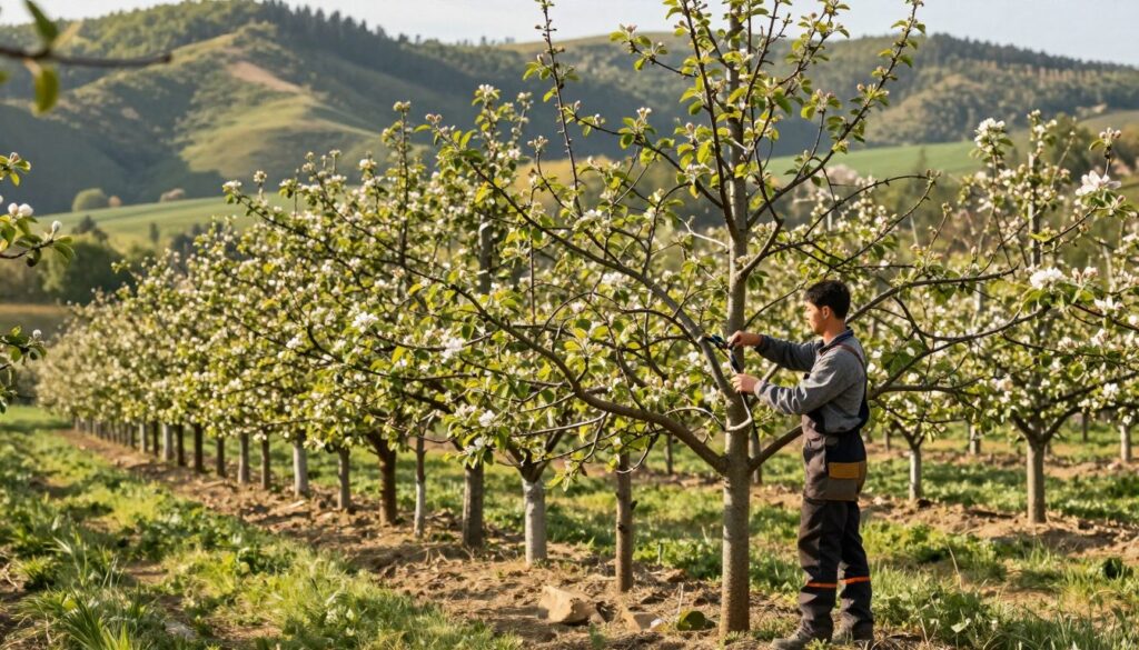 A serene landscape featuring a well-tended apple orchard during early spring, showcasing the ideal time for pruning apple trees. In the foreground, a skilled gardener, dressed in professional work attire, gently trims the branches of a young apple tree, focusing on the limbs with fresh buds. The middle ground showcases several apple trees at varying stages of growth, indicating their age. Sunlight filters through the trees, casting soft, dappled shadows on the ground, creating a warm and inviting atmosphere. In the background, rolling hills are adorned with vibrant greenery and hints of blossoms. The scene is captured with a slight low angle to emphasize the trees' height and establish a feeling of depth, inviting viewers to appreciate the seasonal change.