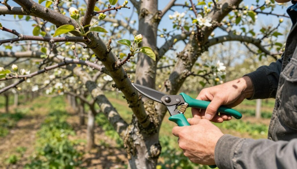 A serene orchard scene during early spring, featuring a skilled gardener in modest clothing carefully pruning an old apple tree. In the foreground, detailed close-ups of the gardener’s hands using pruning shears, with fresh green buds beginning to emerge on the branches. The middle ground showcases the apple tree, its gnarled bark and ample branches creating a rustic charm, while in the background, soft-focus rows of other apple trees blossom under a clear blue sky. Natural sunlight filters through the leaves, casting gentle shadows on the ground, conveying a peaceful and rejuvenating atmosphere. The overall composition emphasizes the importance of timing in pruning, showcasing the harmony between nature and attentive care.