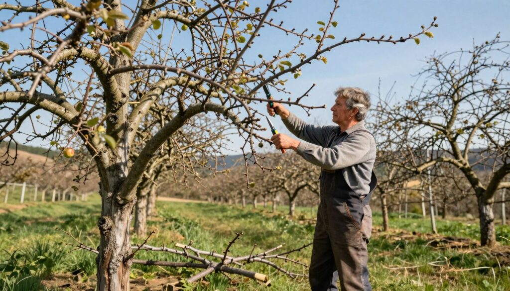 A serene orchard setting in early spring, showcasing an experienced gardener meticulously pruning an old apple tree. In the foreground, the gardener, dressed in modest work attire, uses hand shears to carefully cut away dead branches, demonstrating proper technique. The old apple tree, with its gnarled trunk and sparse leaves, displays signs of age but also potential for rejuvenation. In the middle ground, several freshly pruned branches lie on the grassy ground, highlighting the step-by-step pruning process. The background features a clear blue sky and distant rolling hills, casting soft, natural light across the scene, creating an inviting and educational atmosphere. Focus on a medium shot that captures the gardener's focused expression and the tree's structure.