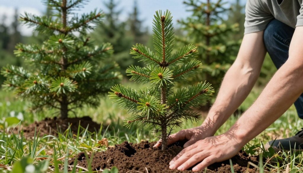 A serene outdoor scene depicting the planting of a young Serbian spruce sapling in a lush green forest. In the foreground, a person wearing modest casual clothing carefully places the sapling in a freshly dug hole, hands gently patting the soil around its base to ensure good contact. The middle ground features various healthy, mature spruce trees, showcasing vibrant green needles and a thick crown, symbolizing growth and vitality. The background displays a soft, diffused light filtering through tree branches, creating a tranquil atmosphere. Use a shallow depth of field to focus on the sapling, capturing details such as the texture of the soil and the sapling’s delicate branches, all under a clear blue sky. The mood is one of hope and renewal, emphasizing the importance of nurturing this young tree for future growth. A serene outdoor scene depicting the planting of a young Serbian spruce sapling in a lush green forest. In the foreground, a person wearing modest casual clothing carefully places the sapling in a freshly dug hole, hands gently patting the soil around its base to ensure good contact. The middle ground features various healthy, mature spruce trees, showcasing vibrant green needles and a thick crown, symbolizing growth and vitality. The background displays a soft, diffused light filtering through tree branches, creating a tranquil atmosphere. Use a shallow depth of field to focus on the sapling, capturing details such as the texture of the soil and the sapling’s delicate branches, all under a clear blue sky. The mood is one of hope and renewal, emphasizing the importance of nurturing this young tree for future growth.