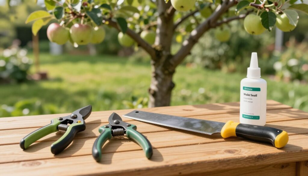A serene outdoor setting featuring a selection of essential apple tree pruning tools, vividly displayed on a wooden workbench. In the foreground, showcase high-quality pruning shears, loppers, and a handsaw, each glistening under soft, natural sunlight. Place a bottle of wound sealant nearby to emphasize the importance of protecting cuts after pruning. In the middle ground, a well-groomed apple tree is partially visible, its branches carefully shaped, hinting at the focus on successful pruning techniques. The background features a lush green landscape, with soft bokeh to suggest a tranquil garden atmosphere. The overall mood is calm and professional, inviting the viewer into the art of tree care. The lighting is warm and inviting, enhancing the natural colors of the tools and the greenery around them.