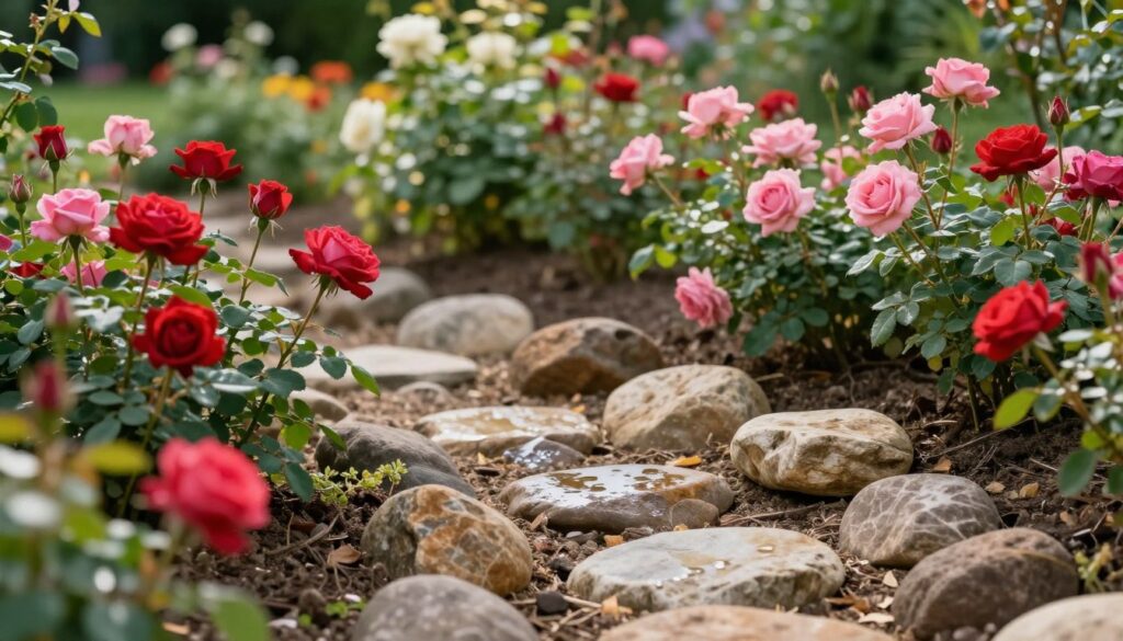 A serene rose garden featuring various shades of blooming roses surrounded by decorative stone mulch. In the foreground, clusters of vibrant red and pink roses thrive amid carefully placed smooth, natural stones that retain moisture in the soil. In the middle ground, a close-up view reveals the texture of the soil, showing how the stones help maintain humidity while preventing weed growth. The background features lush green foliage and soft sunlight filtering through, creating a warm, inviting atmosphere. The scene is captured with a soft focus lens to emphasize the roses and stones, highlighting their interaction. The overall image conveys a sense of harmony in garden design, showcasing the benefits of stone usage around plants. A serene rose garden featuring various shades of blooming roses surrounded by decorative stone mulch. In the foreground, clusters of vibrant red and pink roses thrive amid carefully placed smooth, natural stones that retain moisture in the soil. In the middle ground, a close-up view reveals the texture of the soil, showing how the stones help maintain humidity while preventing weed growth. The background features lush green foliage and soft sunlight filtering through, creating a warm, inviting atmosphere. The scene is captured with a soft focus lens to emphasize the roses and stones, highlighting their interaction. The overall image conveys a sense of harmony in garden design, showcasing the benefits of stone usage around plants.