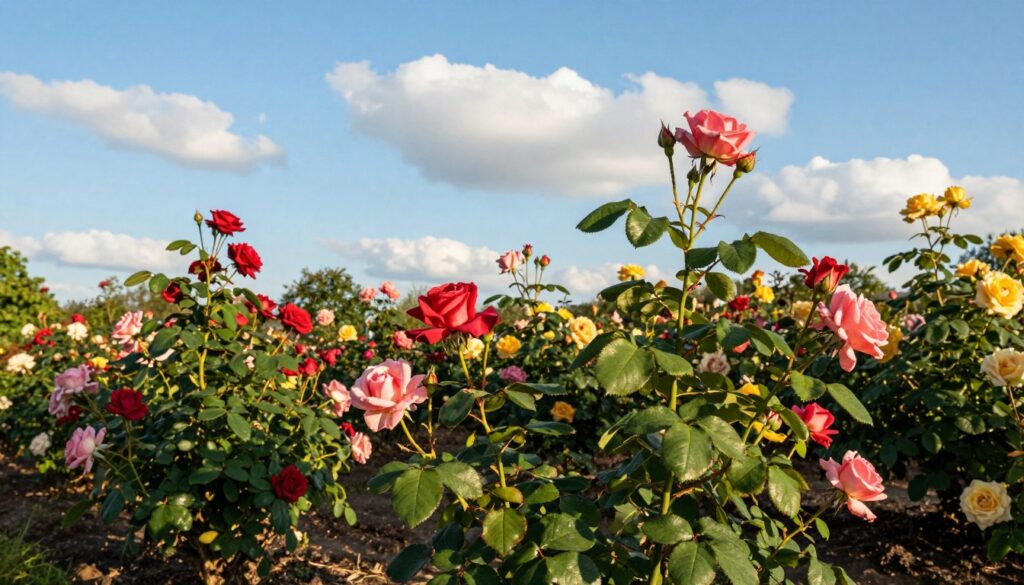 A serene rose garden in full bloom, showcasing various colors of roses, including red, pink, and yellow. In the foreground, a healthy rose plant thrives under bright, natural sunlight, highlighting its lush green leaves and vibrant petals. The middle ground features additional rose bushes, with some buds just beginning to open, indicating optimal growth conditions. In the background, a clear blue sky dotted with fluffy white clouds signifies a mild climate, enhancing the overall atmosphere of blooming vitality. The lighting is soft yet vibrant, suggesting a late afternoon sun, casting gentle shadows. Capture the essence of proper sunlight exposure and the importance of protecting rose plants from harsh elements, creating a tranquil and inviting mood.