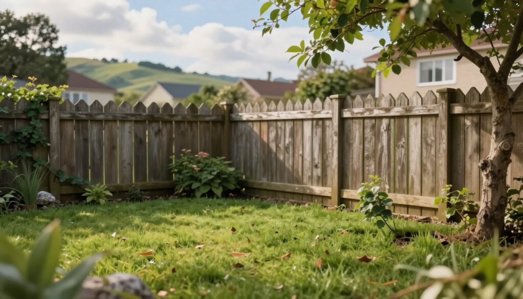 A serene scene depicting the boundary conflict over a property line. In the foreground, a vibrant green garden with a well-manicured lawn, emphasizing the property of a homeowner, with subtle signs of encroachment such as branches from a neighboring tree extending into the space. In the middle ground, a decorative wooden fence demarcates the properties, slightly weathered, showcasing a sense of history. In the background, a picturesque residential setting with gently sloping hills, blue sky, and fluffy clouds, contributing to a calm atmosphere. Soft, warm lighting enhances the peaceful mood, and a shallow depth of field focuses on the garden details while softly blurring the background. The overall tone of the image should convey contemplation of property law and neighborly relations.