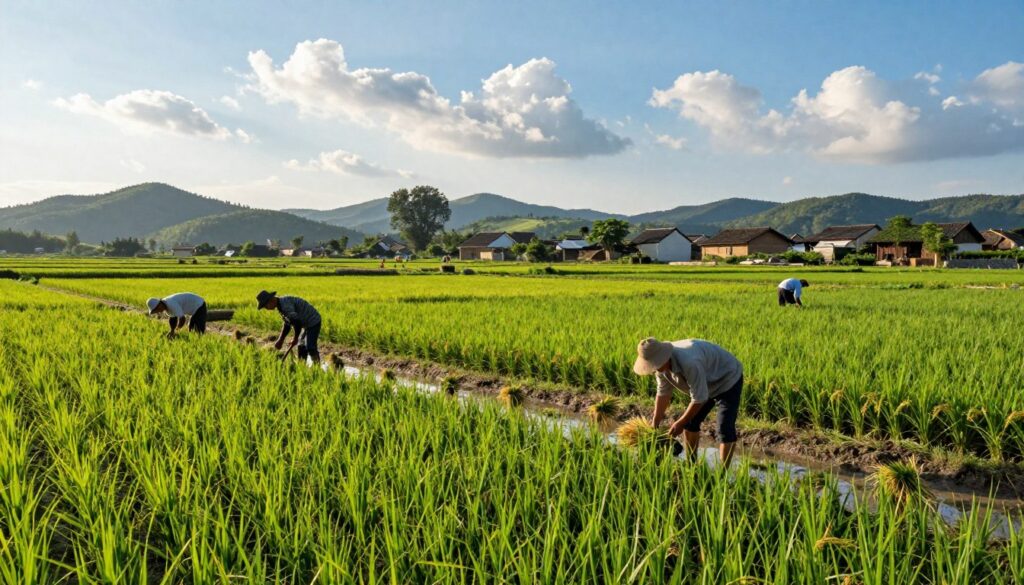 A serene scene of small-scale rice cultivation in a picturesque European landscape, showcasing lush green rice paddies under a bright blue sky with fluffy white clouds. In the foreground, farmers in modest casual clothing diligently tending to the fields, using traditional tools to plant or harvest rice. The middle ground displays rows of vibrant, verdant rice plants surrounded by meticulously crafted irrigation channels. In the background, rolling hills dotted with rustic farmhouses and an occasional cluster of trees, creating a peaceful, pastoral atmosphere. The lighting is warm and inviting, typical of late afternoon sun, casting gentle shadows and highlighting the rich textures of the plants. The overall mood conveys a sense of dedication to sustainable farming practices in Europe. A serene scene of small-scale rice cultivation in a picturesque European landscape, showcasing lush green rice paddies under a bright blue sky with fluffy white clouds. In the foreground, farmers in modest casual clothing diligently tending to the fields, using traditional tools to plant or harvest rice. The middle ground displays rows of vibrant, verdant rice plants surrounded by meticulously crafted irrigation channels. In the background, rolling hills dotted with rustic farmhouses and an occasional cluster of trees, creating a peaceful, pastoral atmosphere. The lighting is warm and inviting, typical of late afternoon sun, casting gentle shadows and highlighting the rich textures of the plants. The overall mood conveys a sense of dedication to sustainable farming practices in Europe.