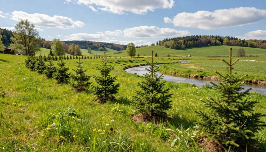 A serene spring landscape showcasing freshly planted spruce trees in Poland. In the foreground, young green spruces stand in neat rows, their vibrant needles glistening in the soft sunlight. The middle ground features lush green grass speckled with wildflowers, while a gentle stream meanders nearby, symbolizing the importance of water for their growth. In the background, rolling hills covered in newer foliage rise beneath a clear blue sky dotted with fluffy white clouds. The image captures a warm, hopeful atmosphere, evoking the early days of spring with bright, natural lighting that enhances the colors of the scene. The angle is slightly elevated, providing a broad perspective of this flourishing ecosystem. A serene spring landscape showcasing freshly planted spruce trees in Poland. In the foreground, young green spruces stand in neat rows, their vibrant needles glistening in the soft sunlight. The middle ground features lush green grass speckled with wildflowers, while a gentle stream meanders nearby, symbolizing the importance of water for their growth. In the background, rolling hills covered in newer foliage rise beneath a clear blue sky dotted with fluffy white clouds. The image captures a warm, hopeful atmosphere, evoking the early days of spring with bright, natural lighting that enhances the colors of the scene. The angle is slightly elevated, providing a broad perspective of this flourishing ecosystem.