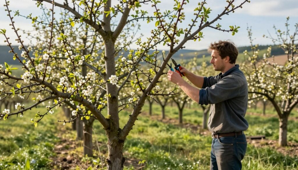 A serene, sunlit orchard scene in Poland during spring, showcasing a skilled gardener in modest casual clothing pruning a plum tree. In the foreground, the gardener is focused on carefully trimming branches with pruning shears, displaying attention to detail. The middle ground features lush green foliage, with delicate white flowers beginning to bloom on the plum tree, symbolizing the onset of the growing season. In the background, rolling hills and a blue sky complement the tranquil atmosphere. Soft, warm sunlight filters through the branches, creating gentle shadows on the ground. Capture a sense of rejuvenation and care, emphasizing the seasonal timing of pruning for optimal fruit production and disease control. A serene, sunlit orchard scene in Poland during spring, showcasing a skilled gardener in modest casual clothing pruning a plum tree. In the foreground, the gardener is focused on carefully trimming branches with pruning shears, displaying attention to detail. The middle ground features lush green foliage, with delicate white flowers beginning to bloom on the plum tree, symbolizing the onset of the growing season. In the background, rolling hills and a blue sky complement the tranquil atmosphere. Soft, warm sunlight filters through the branches, creating gentle shadows on the ground. Capture a sense of rejuvenation and care, emphasizing the seasonal timing of pruning for optimal fruit production and disease control.