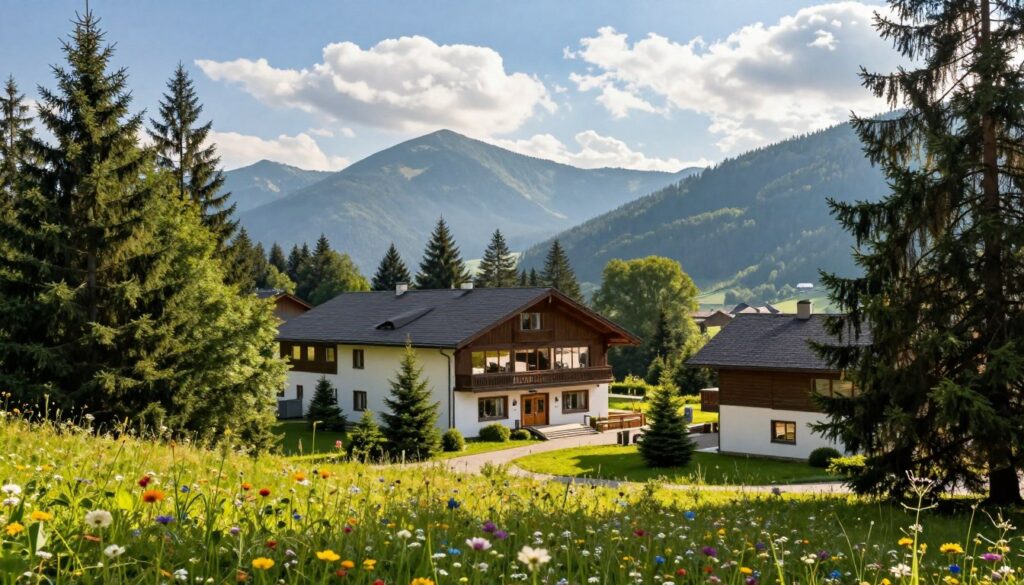 A serene view of Leśna Góra, depicted as a quaint, wooded mountain village, surrounded by lush, green pine trees and vibrant wildflowers in the foreground. In the middle ground, a charming hospital building reflecting a modern yet rustic architectural style, with large windows and inviting entrances, is nestled among the trees. The background features a soft, misty silhouette of mountains under a bright blue sky, with fluffy white clouds scattered throughout. The image is bathed in warm, natural sunlight, casting gentle shadows that create a sense of tranquility. Capture the mood of a peaceful and inviting healthcare environment, suggesting community and care, viewed from a slightly elevated angle, as if overlooking this idyllic setting.