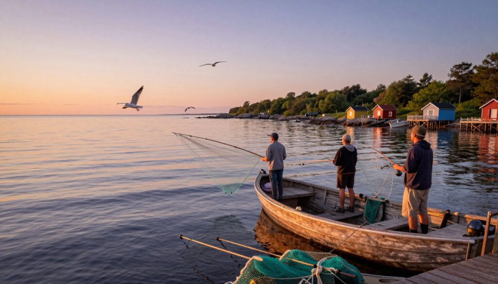 A serene view of the Baltic Sea during the cod fishing season, with fishermen in modest casual clothing casting their nets from a sturdy wooden boat. The foreground features fishing gear like nets and rods, glistening under soft morning sunlight. In the middle ground, the calm waters reflect the fading orange and purple hues of dawn, dotted with a few seagulls soaring overhead. The distant background showcases a rugged coastline with lush green vegetation and hints of colorful fishing huts. The atmosphere conveys anticipation and peace, emphasizing the vibrant life and fishing culture of the Baltic Sea. The scene is framed as if taken from a slightly elevated angle, giving a panoramic perspective of this tranquil fishing spot.