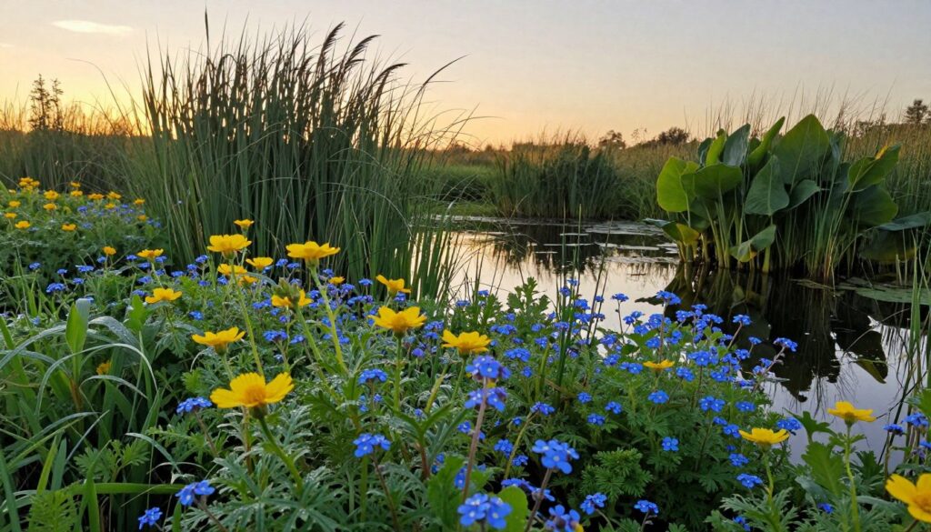 A serene wetland scene featuring a lush array of perennial herbs and floral species thriving in the foreground. Delicate yellow marsh marigolds and vibrant blue forget-me-nots bloom among soft green foliage, their leaves glistening with dewdrops. In the middle ground, clusters of tall sedges sway gently, framed by glossy broad-leaved plants. A tranquil, reflective water body mirrors the overhanging vegetation, enhancing the lushness of the surroundings. The background reveals a gradient sky at golden hour, casting a warm light that bathes the landscape in a golden hue, creating a peaceful and nurturing atmosphere. Capture this dynamic ecosystem without any human presence, focusing solely on the vibrant plant life in a harmonious, natural setting. A serene wetland scene featuring a lush array of perennial herbs and floral species thriving in the foreground. Delicate yellow marsh marigolds and vibrant blue forget-me-nots bloom among soft green foliage, their leaves glistening with dewdrops. In the middle ground, clusters of tall sedges sway gently, framed by glossy broad-leaved plants. A tranquil, reflective water body mirrors the overhanging vegetation, enhancing the lushness of the surroundings. The background reveals a gradient sky at golden hour, casting a warm light that bathes the landscape in a golden hue, creating a peaceful and nurturing atmosphere. Capture this dynamic ecosystem without any human presence, focusing solely on the vibrant plant life in a harmonious, natural setting.