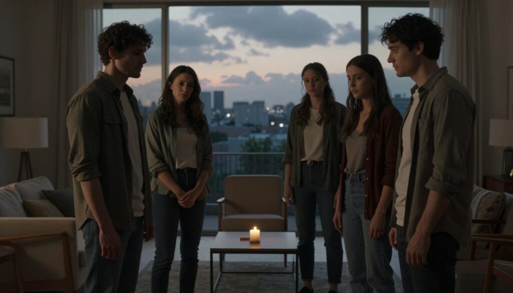 A somber scene depicting the emotional consequences of death in a television series. In the foreground, a group of four characters, dressed in modest casual attire, stands together, their expressions a mix of sorrow and contemplation. In the middle ground, a dimly lit living room features empty chairs and a single flickering candle on a table, symbolizing loss. The background reveals a muted city skyline at dusk, with clouds casting shadows, enhancing the atmosphere of grief and uncertainty. Soft, diffused lighting creates a melancholic mood, highlighting the characters' emotions and the weight of their shared experience. The composition is framed from a low angle, drawing the viewer deeply into the poignant moment.