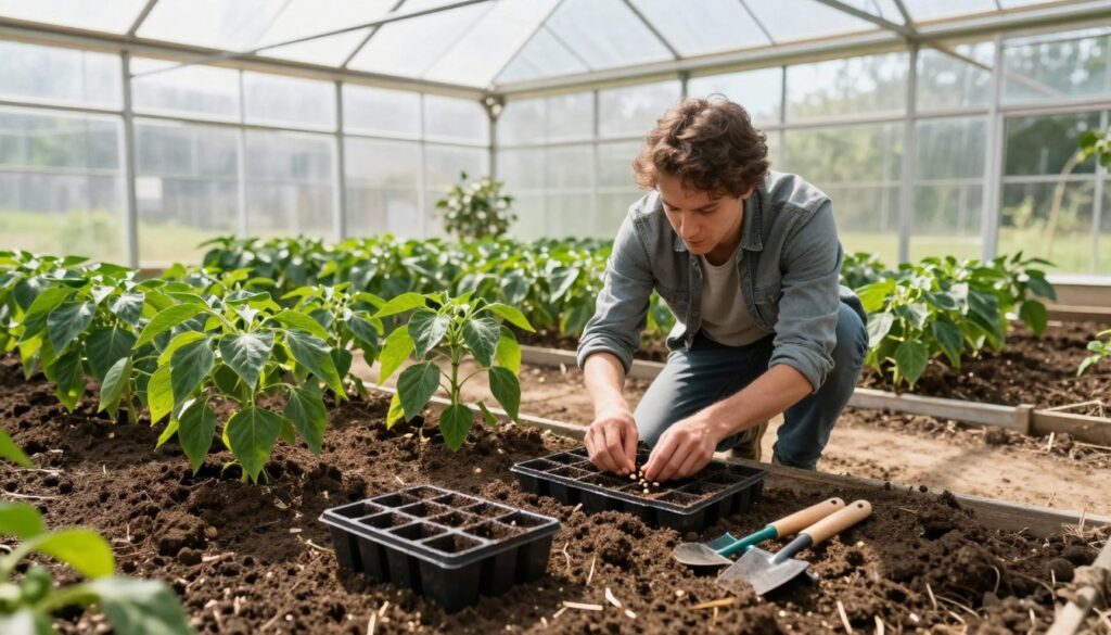 A spacious greenhouse with rich, dark soil prepared for planting bell peppers, surrounded by lush green foliage. In the foreground, there are neatly arranged seed trays and a gardening tool set. The middle shows a gardener in modest casual clothing, carefully placing seeds into the soil, with focused expression. Bright, natural light pours in from the large greenhouse windows, creating a warm and inviting atmosphere. The background features rows of thriving plants, with sunlight highlighting their vibrant green leaves. The angle is slightly tilted to capture both the gardener's details and the dynamic expanse of the greenhouse, evoking a sense of productivity and care in the planting process.