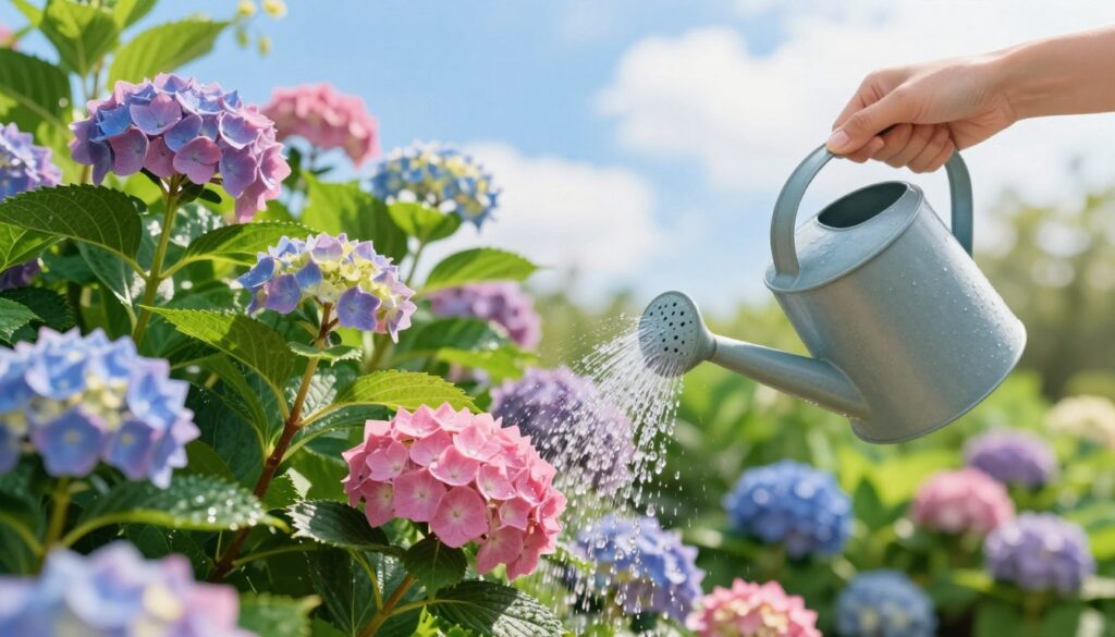A sunny garden scene focusing on a person gently watering vibrant, blooming hydrangeas. In the foreground, a hand holding a watering can pours water over the beautifully colored flowers in shades of pink and blue, adorned with lush green leaves. The middle layer reveals a variety of well-cared-for hydrangeas in full bloom, accented by glistening droplets of water reflecting the sunlight, showcasing their healthy growth. The background features a bright blue sky with a few fluffy clouds and warm sunlight casting pleasant shadows, creating an inviting atmosphere. The mood is tranquil and nurturing, emphasizing the essential practice of watering for vibrant garden growth. The scene is captured with a soft focus lens for a dreamy, idyllic feel. A sunny garden scene focusing on a person gently watering vibrant, blooming hydrangeas. In the foreground, a hand holding a watering can pours water over the beautifully colored flowers in shades of pink and blue, adorned with lush green leaves. The middle layer reveals a variety of well-cared-for hydrangeas in full bloom, accented by glistening droplets of water reflecting the sunlight, showcasing their healthy growth. The background features a bright blue sky with a few fluffy clouds and warm sunlight casting pleasant shadows, creating an inviting atmosphere. The mood is tranquil and nurturing, emphasizing the essential practice of watering for vibrant garden growth. The scene is captured with a soft focus lens for a dreamy, idyllic feel.