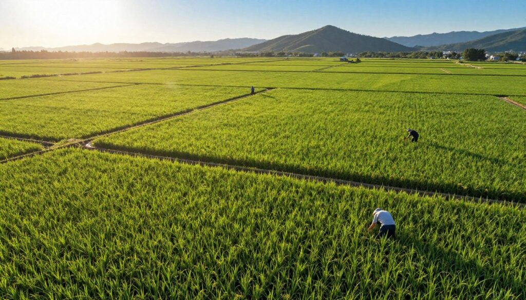 A sweeping aerial view of lush rice fields in Europe, depicting the main rice-producing regions such as the Po Valley in Italy and the Camargue in France. In the foreground, vibrant green rice paddies, reflecting the sun's golden rays, with farmers in modest casual attire tending to the crops. The middle ground features orderly rows of rice plants, glistening with dew, bordered by irregular patches of earth. In the background, rolling hills and distant mountains under a clear blue sky provide depth to the scene. Soft, warm sunlight creates a serene and tranquil atmosphere, highlighting the agricultural beauty of European rice cultivation. The overall composition should convey the essence of rice farming in Europe while remaining focused and harmonious. A sweeping aerial view of lush rice fields in Europe, depicting the main rice-producing regions such as the Po Valley in Italy and the Camargue in France. In the foreground, vibrant green rice paddies, reflecting the sun's golden rays, with farmers in modest casual attire tending to the crops. The middle ground features orderly rows of rice plants, glistening with dew, bordered by irregular patches of earth. In the background, rolling hills and distant mountains under a clear blue sky provide depth to the scene. Soft, warm sunlight creates a serene and tranquil atmosphere, highlighting the agricultural beauty of European rice cultivation. The overall composition should convey the essence of rice farming in Europe while remaining focused and harmonious.