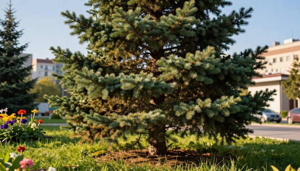 A thriving Serbian spruce tree standing tall in a well-maintained garden. In the foreground, lush green grass surrounds the tree, with a few vibrant flowers flourishing nearby, adding splashes of color. The middle ground features the robust trunk of the spruce, showcasing its distinct conical shape and rich green foliage. In the background, there are hints of a modern cityscape, with soft-focus buildings and a clear blue sky, suggesting an urban environment. The lighting is warm and inviting, with golden sunlight filtering through the leaves, creating gentle shadows. The overall atmosphere is serene and vibrant, highlighting the growth potential of the Serbian spruce both in gardens and city settings. A thriving Serbian spruce tree standing tall in a well-maintained garden. In the foreground, lush green grass surrounds the tree, with a few vibrant flowers flourishing nearby, adding splashes of color. The middle ground features the robust trunk of the spruce, showcasing its distinct conical shape and rich green foliage. In the background, there are hints of a modern cityscape, with soft-focus buildings and a clear blue sky, suggesting an urban environment. The lighting is warm and inviting, with golden sunlight filtering through the leaves, creating gentle shadows. The overall atmosphere is serene and vibrant, highlighting the growth potential of the Serbian spruce both in gardens and city settings.